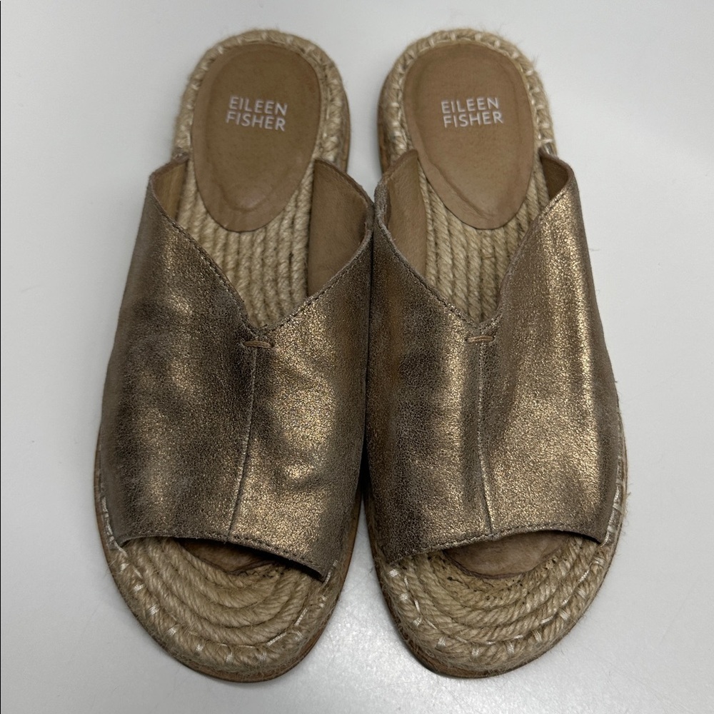 Eileen Fisher Milly Sandal Slip On Flats Shoe Metallic Suede Espadrille Size 8.5